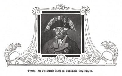Фридрих Людвиг князь цу Гогенлоэ-Ингельфинген (1746-1818) - участник Семилетней войны, генерал от ифантерии и главнокомандующий прусской армией в октябре 1806 г. Разбит в сражении при Йене 14-го и позорно капитулировал при Пренцлау 28-го октября 1806 г.