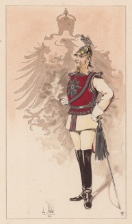 Прусский кавалергард в парадной форме на фоне имперского орла в 1890-е гг. (из "Иллюстрированной истории верховой езды", изданной в Париже в 1893 году)