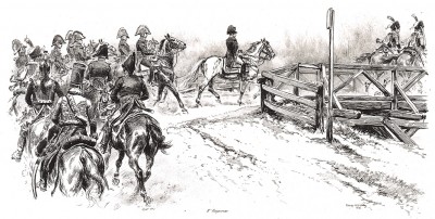 Наполеон покидает Москву в сопровождении свиты и эскорта гвардейской кавалерии. Types et uniformes. L'armée françаise par Éduard Detaille. Париж, 1889