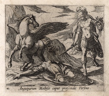 Персей отрубает голову Медузе. Гравировал Антонио Темпеста для своей знаменитой серии "Метаморфозы" Овидия, л.41. Амстердам, 1606