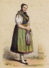 Крестьянка из кантона Базель-Ланд в традиционном костюме. Сoutumes suisses dessinés d'aprés nature, par J.Suter. Париж, 1840