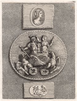 Три геммы: изображение Домиции Луциллы (матери Марка Аврелия), императора Константина Великого и сцены охоты.