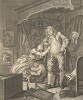 После. 1736. На второй гравюре из серии «До и После» женщина тоскует, мужчина растерян. Амур на стене как бы указывает жестом: «Посмотрите, что вышло». Зеркало разбито, туалетный столик перевернут. Собачка, охранявшая женскую честь, спит. Лондон, 1838