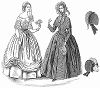 Элегантное платье из крепа и муарового шёлка (слева), шнурованное шёлковое платье, подчёркивающие талию и грудь (справа) -- парижская мода, март 1844 года (The Illustrated London News №95 от 24/02/1844 г.)