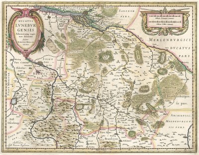 Карта герцогства Люнебург с городами Ганновер и Гамбург. Ducatus Luneburgensis Adiacentiumqu regionum delineatio Auctore Iohanne Mellingero. Издал Ян Янсониус. Амстердам, 1636
