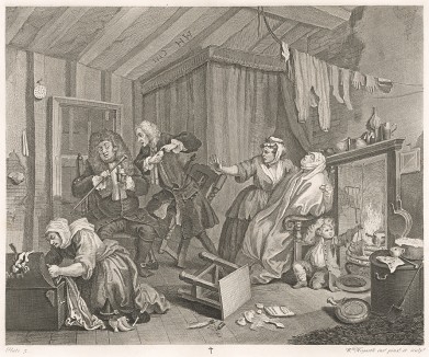 Карьера шлюхи, гравюра 5 «Смерть», 1732. Занимаясь проституцией, Молл заразилась сифилисом. Болезнь прогрессирует, и, пока доктора-шарлатаны спорят о методах лечения, девушка умирает. Лондон, 1838
