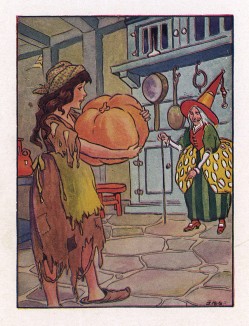 Золушка несет тыкву Фее-крёстной, чтобы она превратила ее в карету. Лист из книги "Всё о Золушке", Нью-Йорк, 1916
