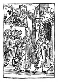 Святой Вольфганг помогает раненому рыцарю. Из "Жития Святого Вольфганга" (Das Leben S. Wolfgangs) неизвестного немецкого мастера. Издал Johann Weyssenburger, Ландсхут, 1515
