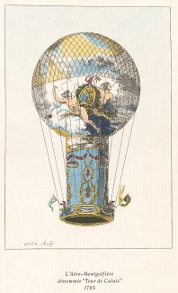 15 июня 1785 г. Трагический полёт первого воздухоплавателя Пилатра де Розье на его комбинированном аэростате-розьере "Тур-ла-Кале". Из альбома Balloons, выполненного по старинным гравюрам, посвящённым истории воздухоплавания. Лондон, 1956