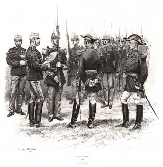 Строевой смотр французской пехоты в 1884 году (из Types et uniformes. L'armée françáise par Éduard Detaille. Париж. 1889 год)