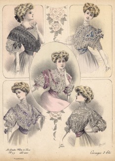Летние кружевные блузки по моде модерн и по эскизам нескольких парижских дизайнеров (Les grandes modes de Paris за 1907 год).