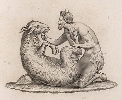 Сатир и овечка. Паросский мрамор, высота около 2 футов. Скульптура найдена в Геркулануме. Эротическая сцена, вполне допустимая в античные времена.