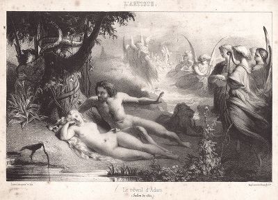 Пробуждение Адама. Автолитография Александра Лемляйна с собственной работы, представленной на Парижском салоне 1841 года. 