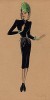 Облегающее приталенное платье из чёрного бархата, дополненное яркой шляпкой, из коллекции осень-зима 1942-43 года парижского дизайнера Мари-Луиз Брюйер (собственноручная гуашь автора). Уникальный документ истории моды времен Второй мировой войны