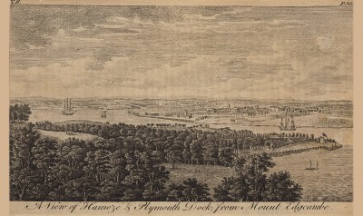 Вид на доки Плимута и Девонпорта с горы Эджкамб (из A New Display Of The Beauties Of England... Лондон. 1776 г. Том 2. Лист 363)