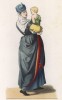 Молодая крестьянка из Байонны с малышом (XVI век) (лист 68 работы Жоржа Дюплесси "Исторический костюм XVI -- XVIII веков", роскошно изданной в Париже в 1867 году)