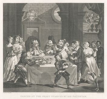 Санчо по настоянию врача заставляют отказаться от еды. Иллюстрация Уильяма Хогарта к первому изданию "Дон Кихота" (1796--1803). 