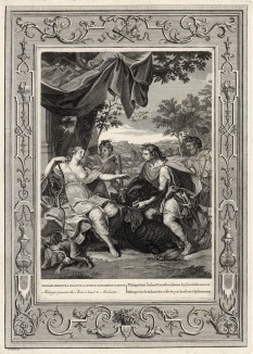 Мелеагр подносит Атланте охотничий трофей — голову и шкуру вепря (лист известной работы "Храм муз", изданной в Амстердаме в 1733 году)