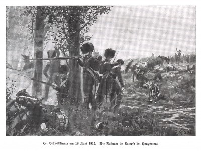 Пехотинцы герцогства Нассау в сражении при Ватерлоо 18 июня 1815 г. Илл. Рихарда Кнотеля. Die Deutschen Befreiungskriege 1806-1815, Берлин, 1901