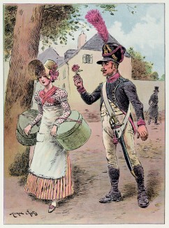 Стрелок-гренадер ухаживает за дамой (иллюстрация к работе "Императоская Гвардия в 1804--1815 гг." Париж. 1901 год. (экземпляр № 303 из 606 принадлежал голландскому генералу H. J. Sharp (1874 -- 1957))