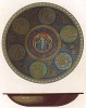Покрытый эмалью медный таз и блюдо с изображением святого -- предметы религиозного культа, хранящиеся во дворце Мейнберг (Бавария) (из Les arts somptuaires... Париж. 1858 год)