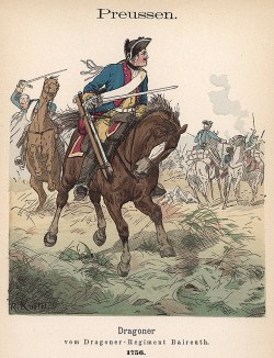Униформа прусских драгун (полк Байрейт) в 1759 г. Uniformenkunde Рихарда Кнотеля, л.41. Ратенау (Германия), 1890