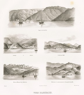 Виды Абхазии в 1843 году; Гагра (вверху), Сухум (в цетре справа) (лист IV второй части атласа к "Путешествию по Кавказу..." Фредерика Дюбуа де Монпере. Париж. 1843 год)