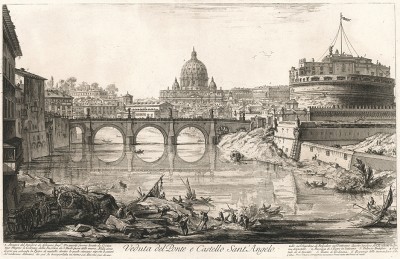 Гравюра Пиранези "Вид на мост и замок Святого Ангела". Veduta del Ponte e Castello Sant’Angelo. Лист из серии "Vedute di Roma". 