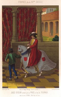 Турнирный рыцарь-судья направляется в сопровождении пажа (из Les arts somptuaires... Париж. 1858 год)