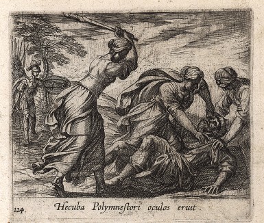 Гекуба бросается на Полимнестора. Гравировал Антонио Темпеста для своей знаменитой серии "Метаморфозы" Овидия, л.124. Амстердам, 1606