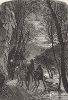 Карета у скалы Прыжок Любовников близ реки Френч-Броад-ривер, штат Северная Каролина. Лист из издания "Picturesque America", т.I, Нью-Йорк, 1872.