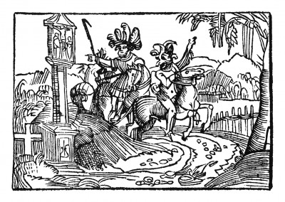 Сатана бежит от христианского кладбища. Из "Жития Святого Христофора" (S. Christops Geburt und Leben) неизвестного немецкого мастера. Издал Johann Weyssenburger, Ландсхут, 1520. 