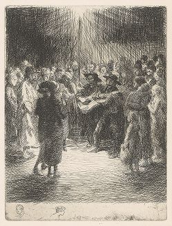Вечерние песни (Концерт под фонарем). Офорт Теофила-Александра Стейнлена, ок. 1891 года. Пробный оттиск с ремарками. 