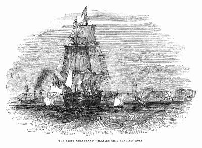 Китобойный корабль британского флота, отправляющийся на охоту за гренландским или полярным китом из порта английского города Кингстон-апон-Халл в графстве Восточный райдинг Йоркшира (The Illustrated London News №97 от 09/03/1844 г.)