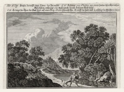 Самсон побеждает льва (из Biblisches Engel- und Kunstwerk -- шедевра германского барокко. Гравировал неподражаемый Иоганн Ульрих Краусс в Аугсбурге в 1700 году)