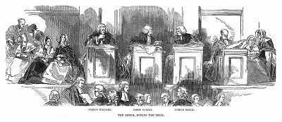 Заседающие на процессе судьи в Центральном уголовном суде Лондона, расположенном в величественном здании в стиле нео-ампир (The Illustrated London News №103 от 20/04/1844 г.)