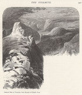 Вид на Йосемити со скалы Встреча Отдыхающих Облаков. Йосемити, штат Калифорния. Лист из издания "Picturesque America", т.I, Нью-Йорк, 1872.