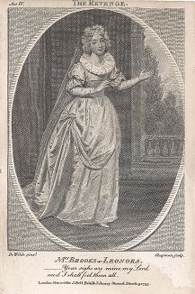 Миссис Брукс в роли Леоноры. Иллюстрация к британской пьесе "The Revenge", Акт IV, Лондон, 1792-1793 годы