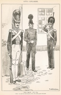 Офицер и солдаты полка Andra в униформе образца 1816-33 гг. Svenska arméns munderingar 1680-1905. Стокгольм, 1911