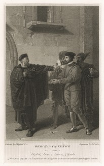 Иллюстрация к пьесе Шекспира "Венецианский купец", акт III, сцена III: Шейлок отправляет задолжавшего ему Антонио в тюрьму. Boydell's Graphic Illustrations of the Dramatic works of Shakspeare, Лондон, 1803. 