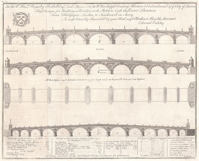 Проект каменного моста через Темзу, предложенный архитектором Эдвардом Оукли в 1756 году. 