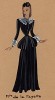 Приталенное платье из чёрного бархата с кружевами и драпированной юбкой до пола M-lle de la Fayette из коллекции осень-зима 1942-43 года парижского дизайнера Мари-Луиз Брюйер (собственноручная гуашь автора).