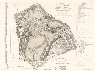 Замок Брюйер-ле-Шатель. Регулярный парк, разбитый по системе французского ландшафтного архитектора Андре Ленотра (1613-1700). F.Duvillers, Les parcs et jardins, т.II, л.55. Париж, 1878