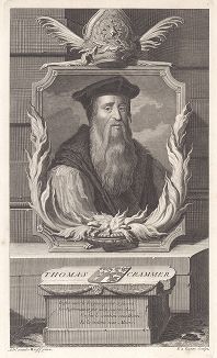 Томас Крамер (1489--1556) - один из отцов английской Реформации, архиепископ Кентерберийский, сожжённый на костре во время контрреформации Марии Тюдор (Кровавой). Лист из "Histoire d'Angleterre" Исаака де Ларрея, Роттердам, 1697-1713. 