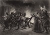 Бунтующие крестьяне бросают своего помещика в огонь. Les mystères de la Russie... Париж, 1845
