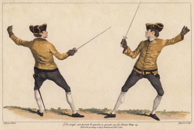 Удар остриём из четвёртой позиции сверху (лист 29 знаменитого учебника по фехтованию Доменико Анджело, изданного в 1763 году в Лондоне). Репринт 1968 года.