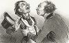 Неудобства, вызванные общением с людьми, которые чувствуют необходимость рассказать свою историю. Литография Оноре Домье из серии "Парижские типы", опубликованная в журнале Le Charivari, 1842 год.