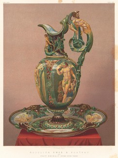 Блюдо и кувшин из майолики от мануфактуры Minton & C°, с росписями, изображающими Аполлона и Меркурия. Каталог Всемирной выставки в Лондоне 1862 года, т.2, л.133