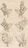 Итальянские соломенные шляпки разной формы вместе с капорами из перкаля разного уровня сложности исполнения. Из первого французского журнала мод эпохи ампир Journal des dames et des modes, Париж, 1813. Модель № 1323