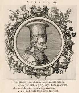 Страбон (ок. 63/64 до н.э.--ок. 23/24 н.э.) -- величайший географ античной эпохи (лист 64 иллюстраций к известной работе Medicorum philosophorumque icones ex bibliotheca Johannis Sambuci, изданной в Антверпене в 1603 году)